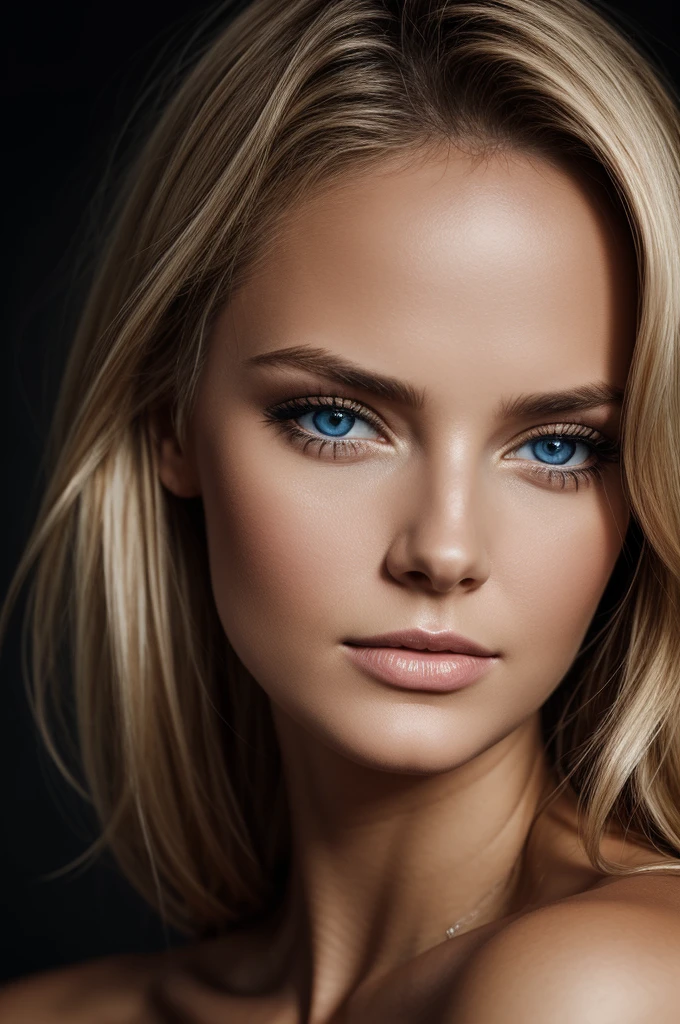 femme blonde aux cheveux longs et aux yeux bleus regardant la caméra, portrait doux 8 k, medium portrait lumière douce, visage parfaitement éclairé, beautiful portrait lighting, portrait lumière douce, closeup headshot, portrait, photo, portrait en closeup headshot moyen, perfect and detailed face, portrait 50 mm, Beautiful backlit face, Portrait 60 mm, Soft low-light portrait, portrait d&#39;a beautiful model