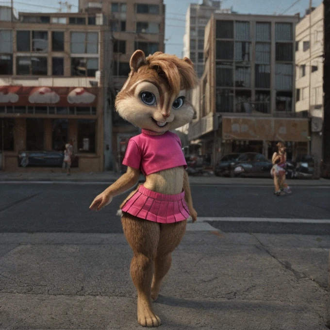 score_9, score_8_up, score_7, score_6, street, brittany miller, chipmunk, furry, short ears, white top, pink leather, mini skirt, looking at viewer, 6 inches tall