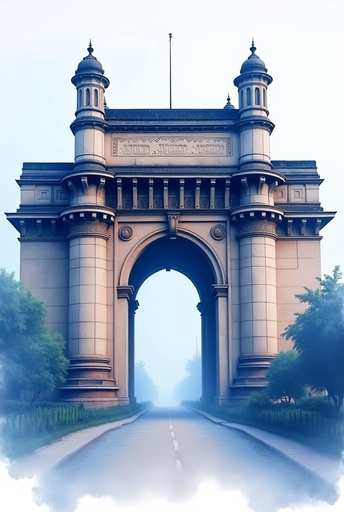 Watercolor painting of gateway of india,,blueish purplish hue ,front view, not that detailed