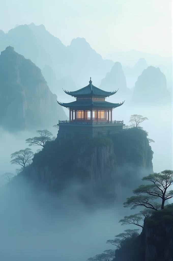 An ancient Chinese fantasy world, with a Chinese-style pavilion perched atop a mist-covered mountain.