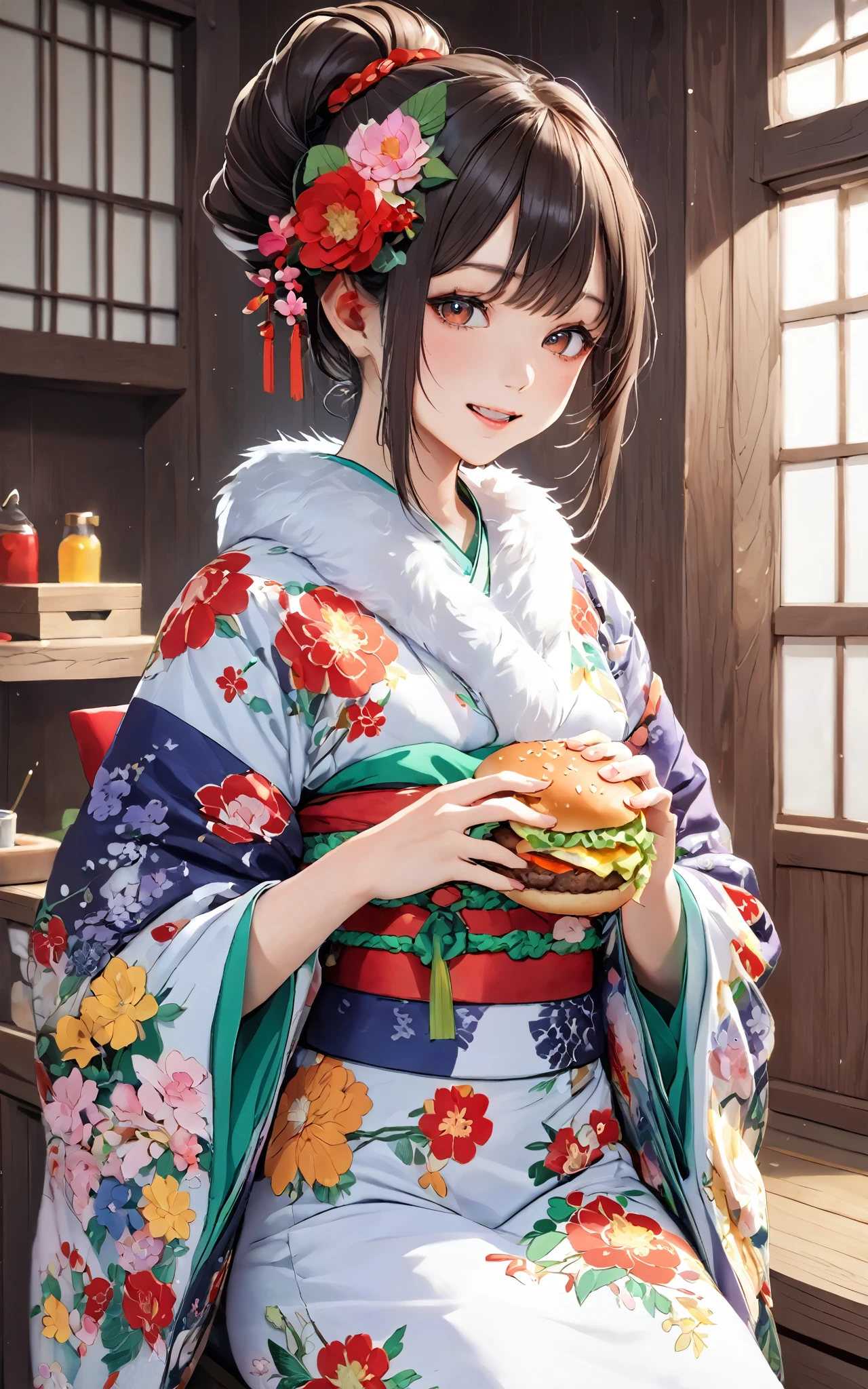 Top quality, masterpiece, eating gurger, holdinf burger dokaguiburger, 1girl,  , small beasts , skindentation, intricate japanese_clothes kimono, ornate flower embroidery kimono, detached sleevs, very baggy and wide sleeves, intricate flower_print kimono, intricate furisode, print_kimono, geta, White fur, japanese hair ornament folded ponytail