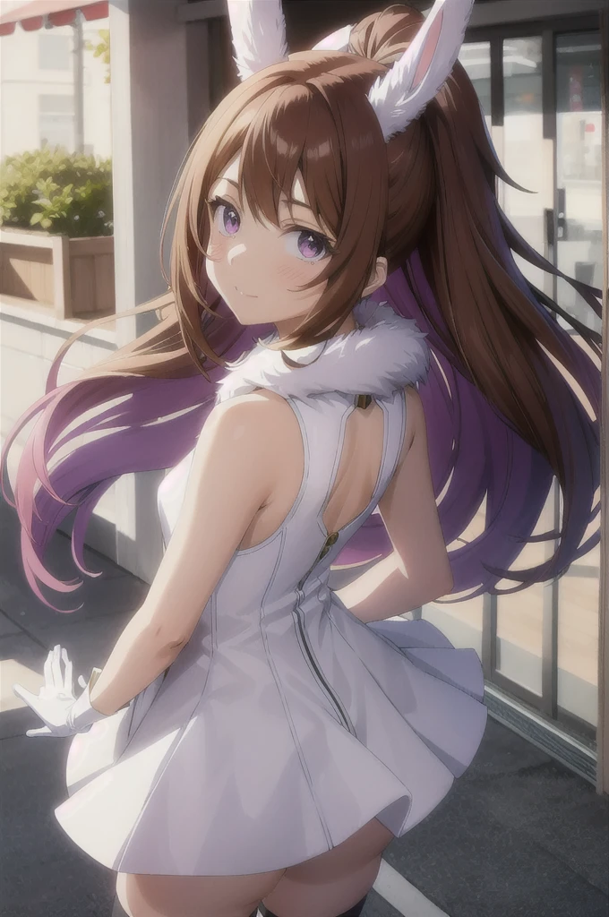 Ochaco Uraraka  ,1girl , anime , , hair cafe  , sexy , back aass (best quality:1.3), (4K quality), best quality, high res, detailed, (Detailed face:1.2), (Detailed eyes:1.2), (Perfect figure:1.2), looking at viewer, , (1girl), boku no hero academia, rabbit ears, skinned female)),  sleeveless, white gloves, white lleotar , fur collar, purple tthighhighs,fondo white, White leotardo