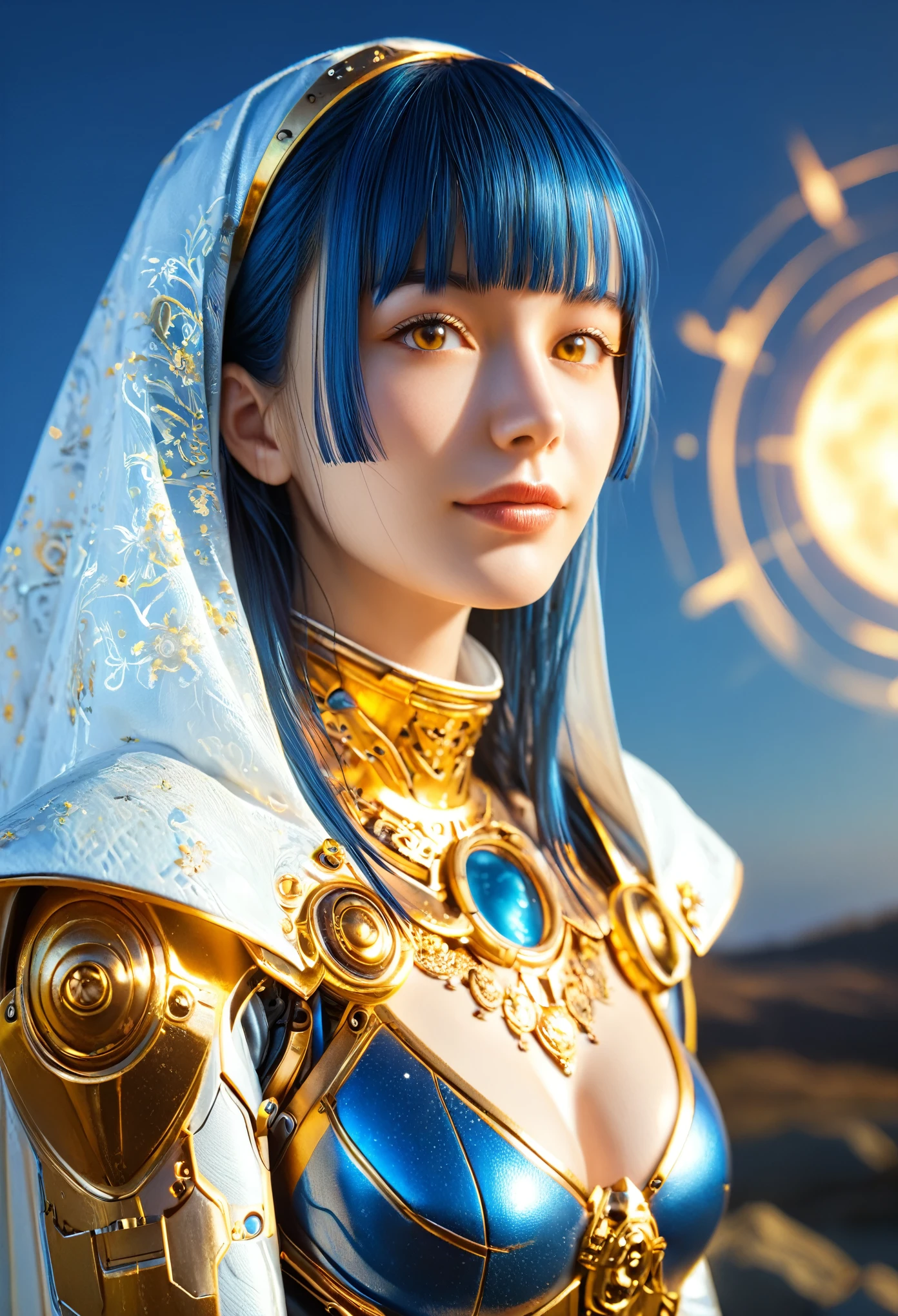 score_9, score_8_up, score_7_up, (Highest quality),(realistic,photorealistic,photo-realistic:1.37), ultra-detailed,(best quality,4k, 8k, highres, masterpiece:1.2), BREAK, A woman in futuristic clothing, Trending on cgstation, Trending on cgstation, (Portrait of a girl in the Knights of the Zodiac:1.4), blunt bangs, Cute Cyborg Girl, Perfect android girl, Portrait Astronaut Girl, Beautiful girl cyborg, (Girl wearing iridescent blue white mechanical cyber armor:1.3), Game CG, cgsociety and fenghua zhong, Beautiful Cyborg Shrine Maiden, Bioluminescence, (Yua Yaiba:0.5), (Golden eyes:1.5), Anatomically correct grip, (Sharp and long claws:1.4), erotic and sexy, black, wearing A gorgeous cape with beautifully detailed embroidery,