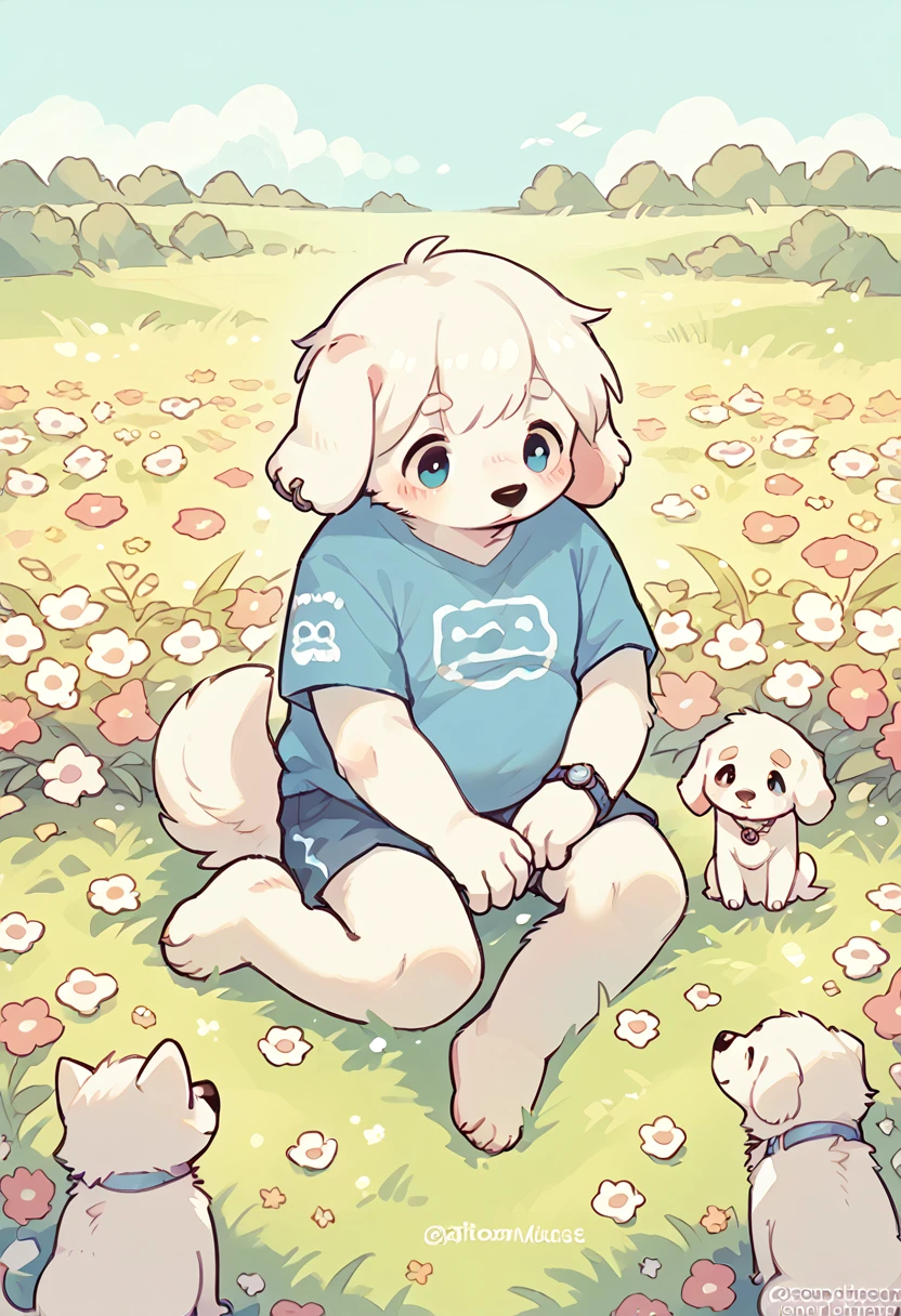 Male, ager, white fur body, dog, blue Stripe, chubby, sitting in the flower field