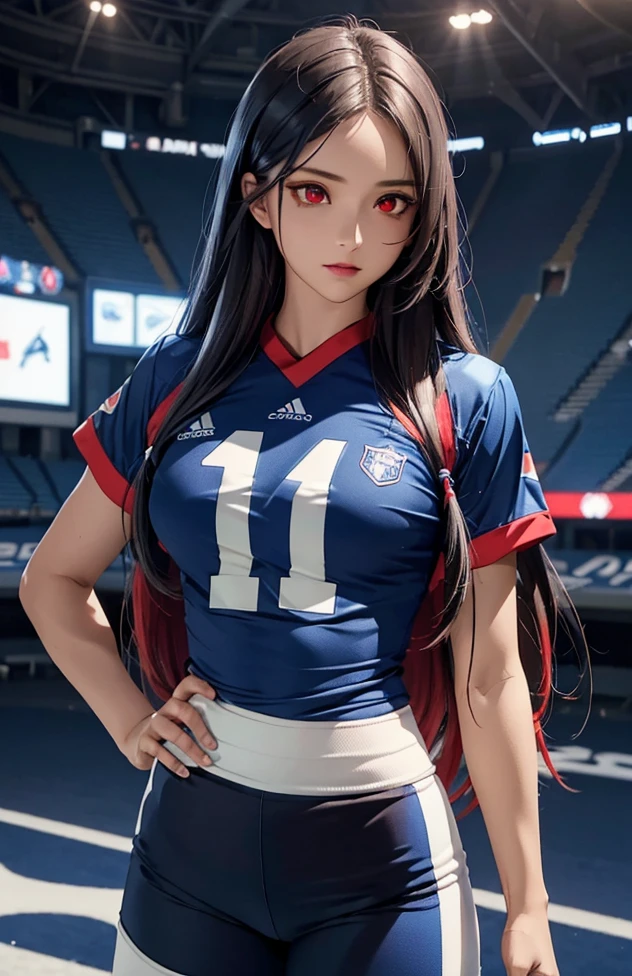 Woman with long hair straight, football jersey 70 in shirt, high detailed, realistic, ultra realistic, villain, football skin t shirt and ((football short pant)), blue football skin shirt, ((red eyes))