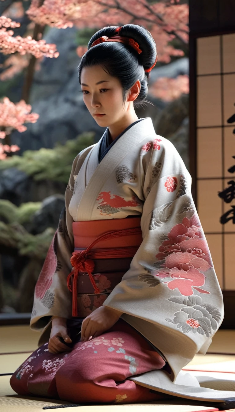 Rear dragon behind, Real dragon Woman sitting on tatami mat smoking xylitol, Japanese fantasy, entwined real dragon, giant real dragon behind, traditional Japanese house, woman in kimono, portrait shot, has mysterious powers, 3D rendered character art 8K, dim, dark, global illumination