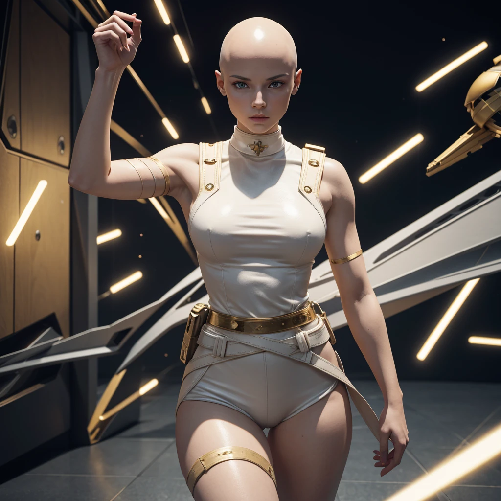 Ultra-realism, highest detail, standing, 3D, female android whose body's flesh parts including face are white marble effect with golden veins running through it, she has a white marble effect bald head with very attractive features, she is devold of any clothing only wearing a cross body belt for weapons and black combat boots in the background is a landed flying saucer in a battle at night