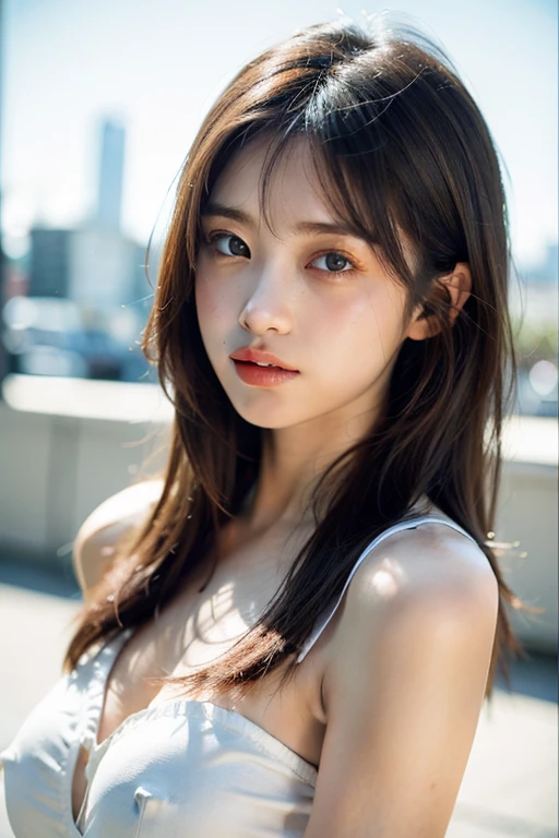 Medium style with bangs、Japanese woman with straight hair。Beautiful woman, Her hair color is elegant brown., White skin, Eye color is light brown,The background is the cityscape of Shibuya,35mm film style