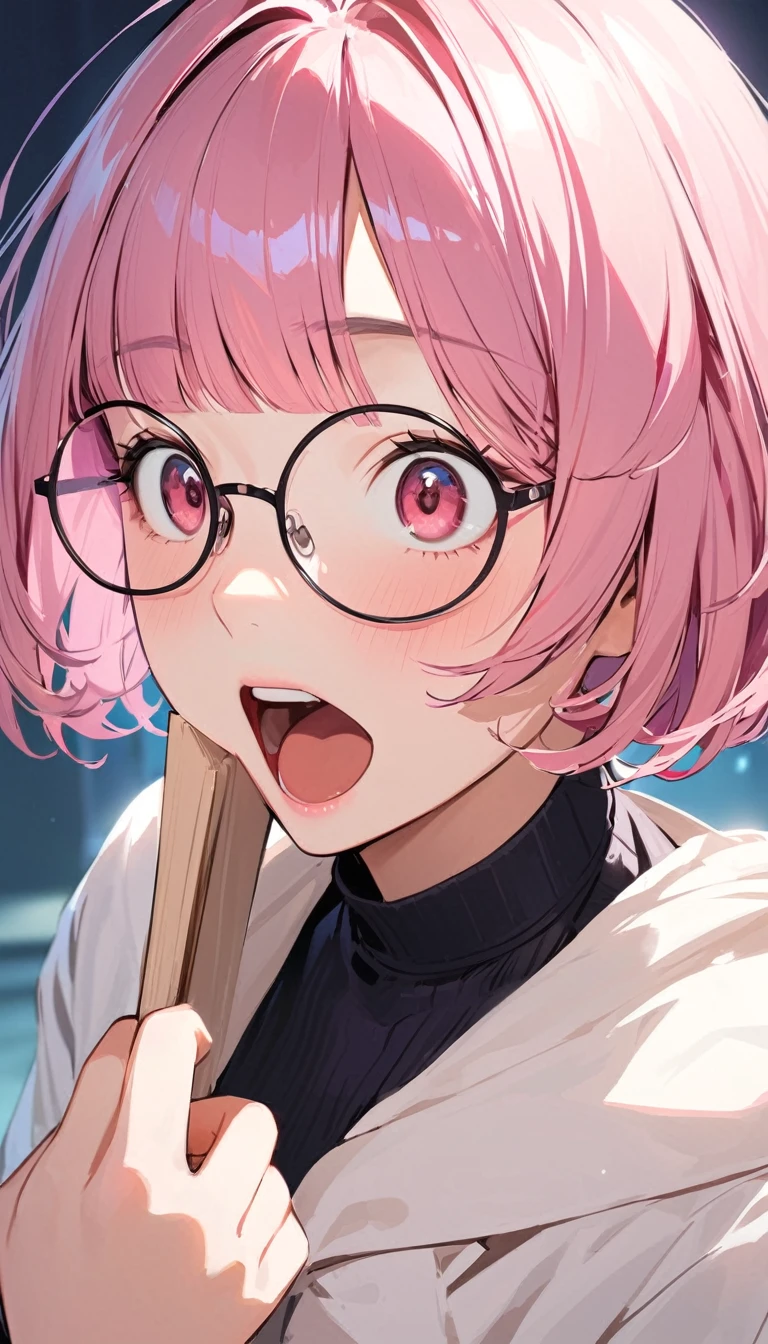 Beautiful woman, Pink Hair, Short Bob,Round Glasses, She is opening his mouth wide, look very surprised.