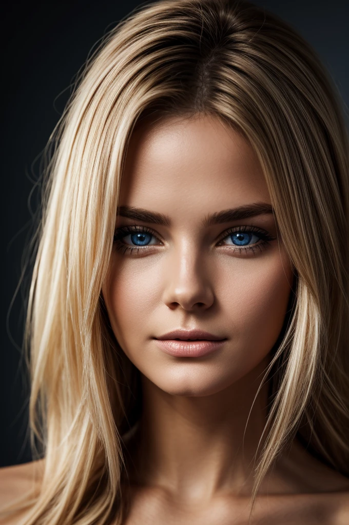 femme blonde aux cheveux longs et aux yeux bleus regardant la caméra, portrait doux 8 k, medium portrait lumière douce, visage parfaitement éclairé, beautiful portrait lighting, portrait lumière douce, closeup headshot, portrait, photo, portrait en closeup headshot moyen, perfect and detailed face, Beautiful backlit face, Soft low-light portrait, portrait d'a beautiful model
