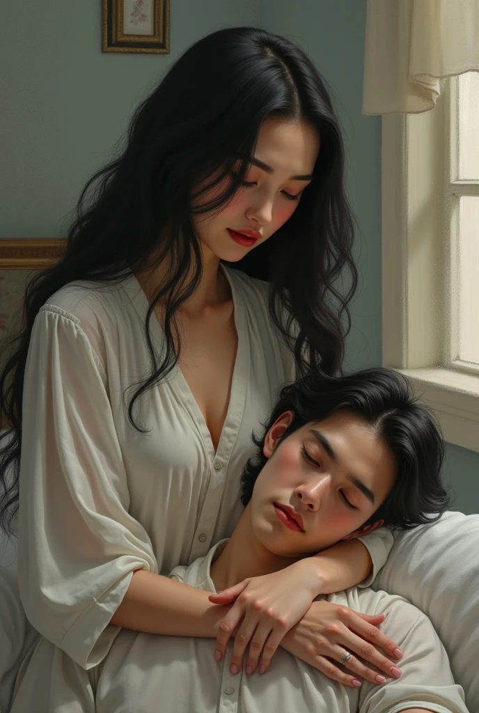 Create a painting of a beautiful girl with long, flowing black hair. She should have a serene and gentle expression that reflects her kindness and beauty. In the painting, show her sitting comfortably while supporting and caring for man love The other figure, who is resting their head on her lap, should convey a sense of trust and reliance, highlighting the depth of their connection. The overall mood of the painting should be tender and intimate, emphasizing the nurturing and supportive bond between them."