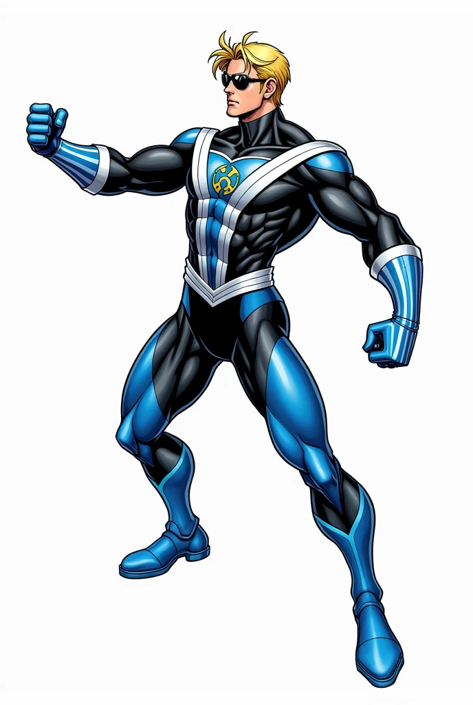 drawning, bright coloured, a fusion between Capcom&#39;s Captain Commando and Marvel&#39;s Mister Fantastic, blue black and white clothes, arms stretched out like rubber, barba, blondie hair, sunglasses, Captain Commando&#39;s signature gloves, white background, fully body 