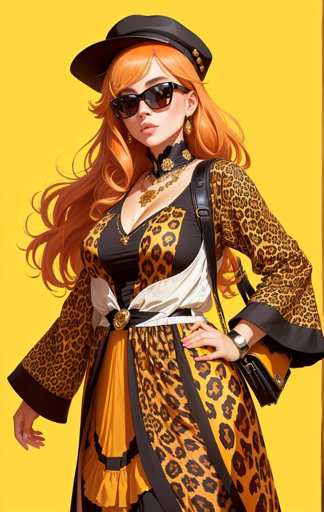 Close-up of a 40-year-old woman wearing a leopard print shirt and hat, Comme des Garcons Campaign, andy milonakis, frank kozik, andy milonakis as a goat, Chris Chan, flashy, Official artwork, Dave Carvis, Craig Marism, Toyism, yoh yoshinori, by Winona Nelson, Michel Othello、beautiful woman wearing a dress, She poses gracefully in a full-body shot wearing a hat and large black sunglasses, Surrounded by the streets. Digital art style、It features a vibrant orange and brown color palette and detailed illustrations.。. Fantasy backgrounds include fantasy architecture, The buildings and a distant fantastical city are depicted in a cute and elegant style. Dynamic Angle