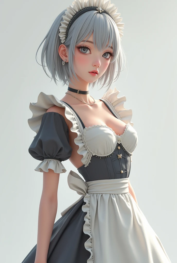 (8k, Photorealistic: 1.1, Raw photo, Highest quality: 1.4),Japanese idol-style beautiful girl,model,1 person,18-year-old,(Short Bob),(Silver Hair :1.1),She has her hair tucked behind her ears,Headband,Clear grey eyes,Long eyelashes,,(piercings(small)),(Lip gloss),thin long neck,Large Breasts,(Maid clothes(Frills,Puffy long skirt)),(layer),Full body portrait
