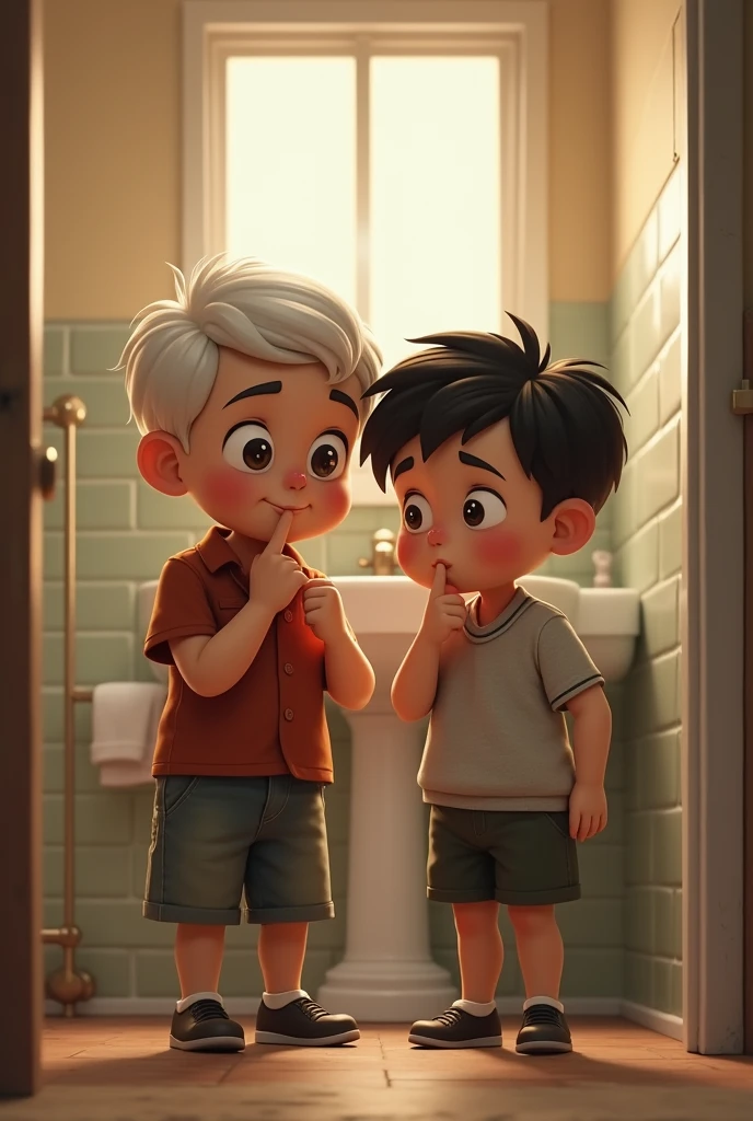 a picture in which a 5 years old boy and his grandfather in bathroom holding their nose because the boy have done potty in his school dress