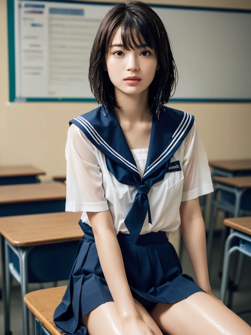 (masterpiece:1.2), Very detailed, Ultra-high resolution, (Realistic, photo Realistic:1.6), High-resolution RAW color photos, Professional photos, Sharp focus:1.2, (Very detailed顔と肌の質感, Very beautiful eyes, Glossのある肌, Glowing Skin, Glowing Skin, Shining Face, Gloss, Oily skin, greasy face, Oily skin, greasy face,),, (real Glossのある肌 texture), Perfect Anatomy, Very detailed背景,(High school classroom at night),（1 female）,25-year-old woman, Japanese women,height: 168cm,(short hair, Straight hair, bangs, Brown Hair),((Flat Chest:1.6)),(Slim, thin legs), ((((Short Sleeve White Sailor School Uni形状、Navy blue pleated skirt:1.5、A perfectly detailed bra covered by a sailor suit、T-panties under skirt))),(sit at a desk with your knees up)、(((Wet and sheer sailor suit:1.4)))