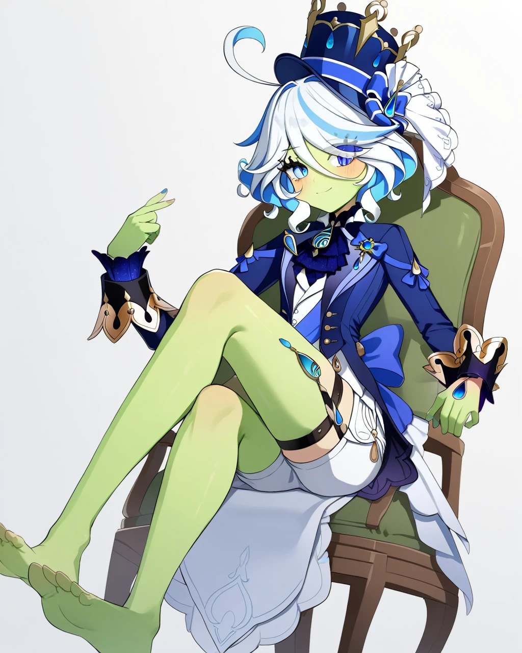 Furina \(genshin impact\), heterochromia,hat,bule hair,Blue eyes,ascot,brooch,t,blue bow,white shorts, thigh strap,Skin of color,Green Skin,Bare legs,Green Skin,Barefoot,Green Skin,whole body,Green Skin,Green Skin,Green Skin,Green Skin,sit on the chair,Cross your legs,Green Skin,Green Skin,Bare legs,Green Skin,Barefoot,Green Skin,whole body,Green Skin,Green Skin