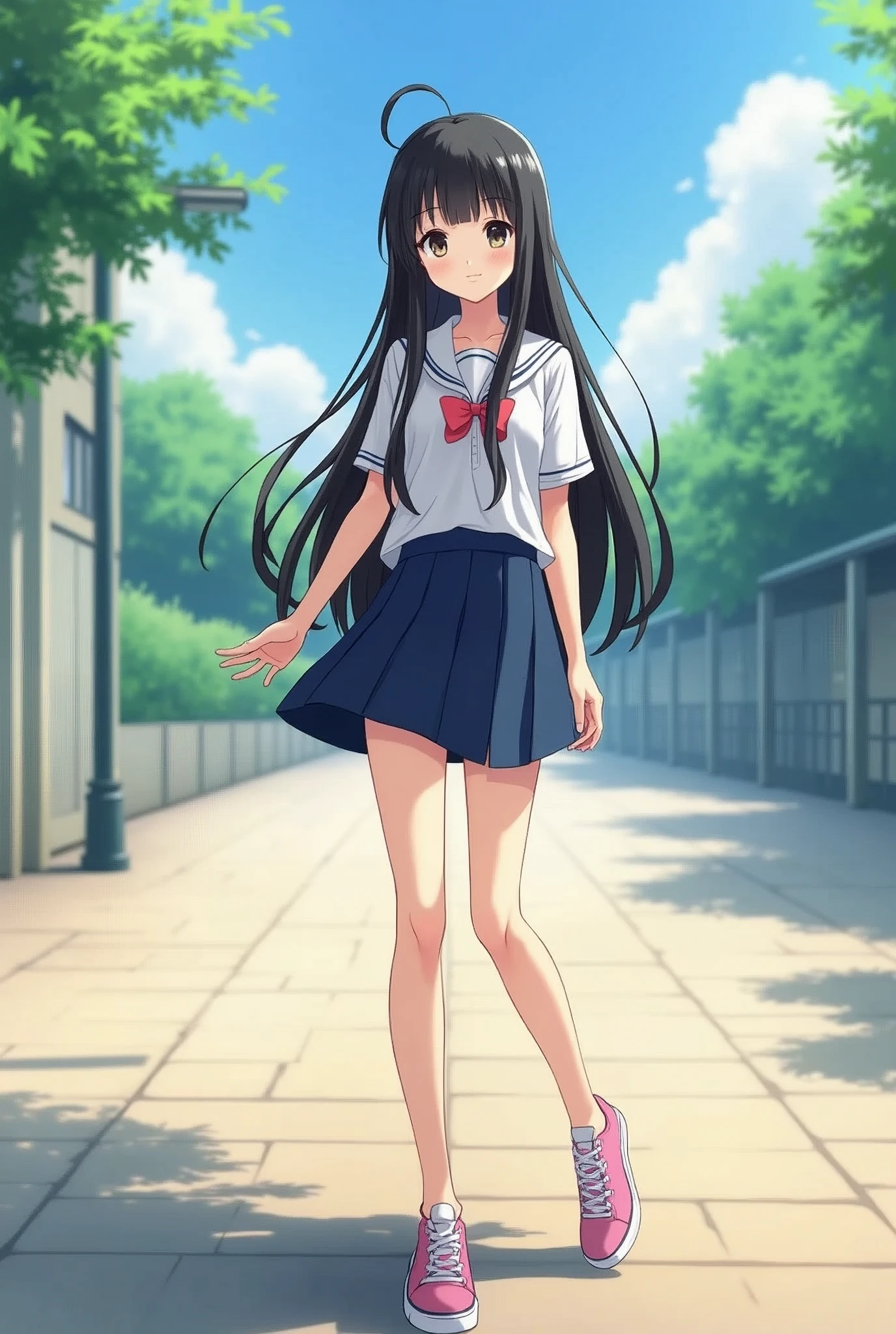 Standing in an empty schoolyard、Summer clothes、Anime Style、Long black hair、mini skirt、Cute Face、Smiling、Full body portrait