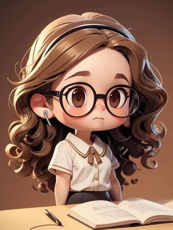 ((chibi)), big head, focus face, flat avatar, (masterpiece:1.2, highest quality), (Realistic, photoRealistic:1.4), Beautiful illustrations, (Natural Side Lighting, Cinema Lighting), Written boundary depth, Beautiful thighs staring at the viewer, (((Face Focus, Upper Body))), 1 female, 20-year-old, alone, thin, slender, (small breasts), long Hair, Curly Hair, Forehead, Forehead, Forehead, Forehead, thin, slender, glasses, blouse, sexy pencil skirt, Are standing, ((Close-up)), ((Close-up)), ((Close-up))