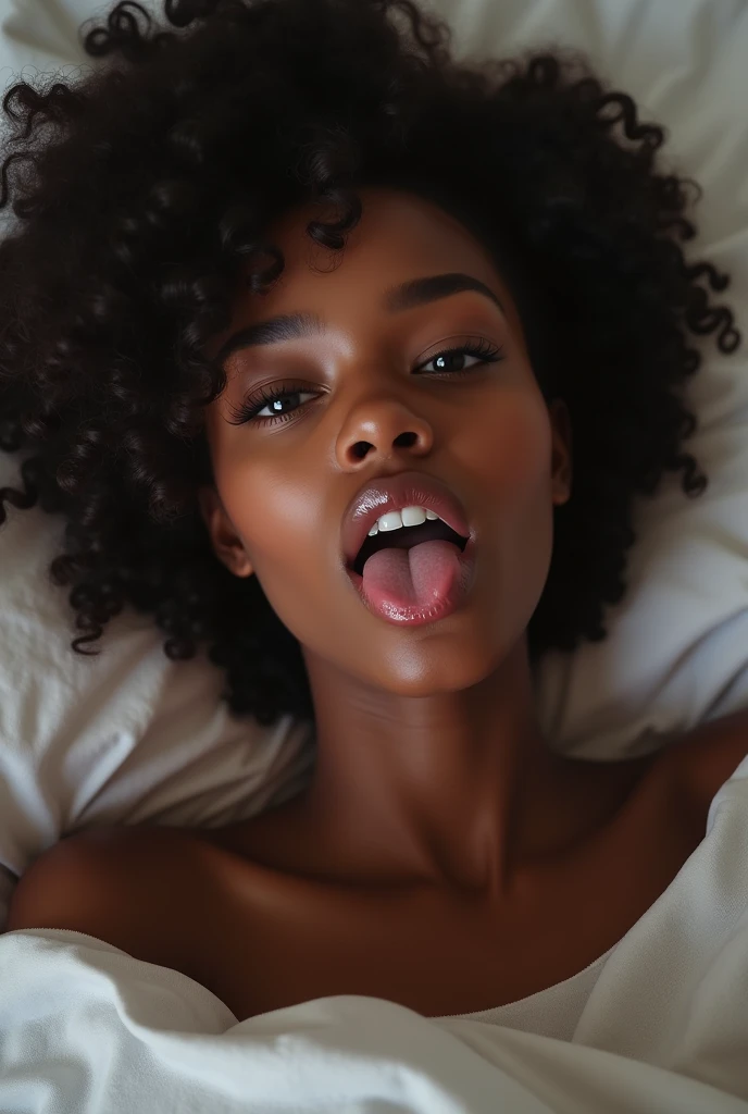 (photorealism:1.2), beautiful young black woman, freshly 18, in bed,  ahegao with mouth open and tongue out, cum in mouth