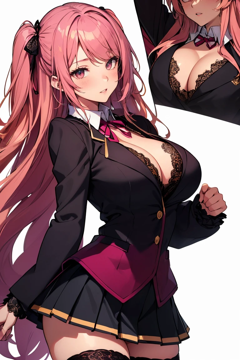 (cowboy shot: 1.5), (white background, simple background: 1.5), (masterpiece:1.5), (big breasts: 1.5), (1 girl: 1.5), young woman, (Beautiful Girl:1.5), (extremely detailed and delicate anime face and eyes:1.5), whole body, (natural light, HDR, extremely details CG:1.3), (dynamic posture: 1.3), {correct body anatomy}, (wide hips: 1.3), (perfect hands: 1.5), single focus, toned body, Beautiful Lips, thick lips, {surreal}, {correct posture}, {minutes details}, {detailed body}, {detailed clothing}, (Bright Eyes: 1.3), (cleavage: 1.3), {accessories}, {sexy}, high school girl, (school jacket: 1.5), (Short blazer: 1.3), (recruit shirt: 1.3), long sleeves jacket, (open blazer: 1.5), jacket, (juliet sleeves: 1.5), (long sleeves: 1.3), (pleated skirt: 1.5), (skirt with lots of frills: 1.5), (black lace thighhighs: 1.5), black thighhighs, (thigh ribbon: 1.3), (Hakama bow: 1.3), (neck ribbon: 1.3), hair flower, (black pointe shoes: 1.3), jewelry, earrings, (light smile: 1.3), (extra long hair: 1.5), (two-tone hair: 1.5), (magenta hair: 1.5), (turquoise streaks: 1.3), (magenta hair with turquoise streaks: 1.5), hair loop, (two side up: 1.5), very thick hair, (parted bangs: 1.5), glowing hair, (bright gold eyes: 1.3),