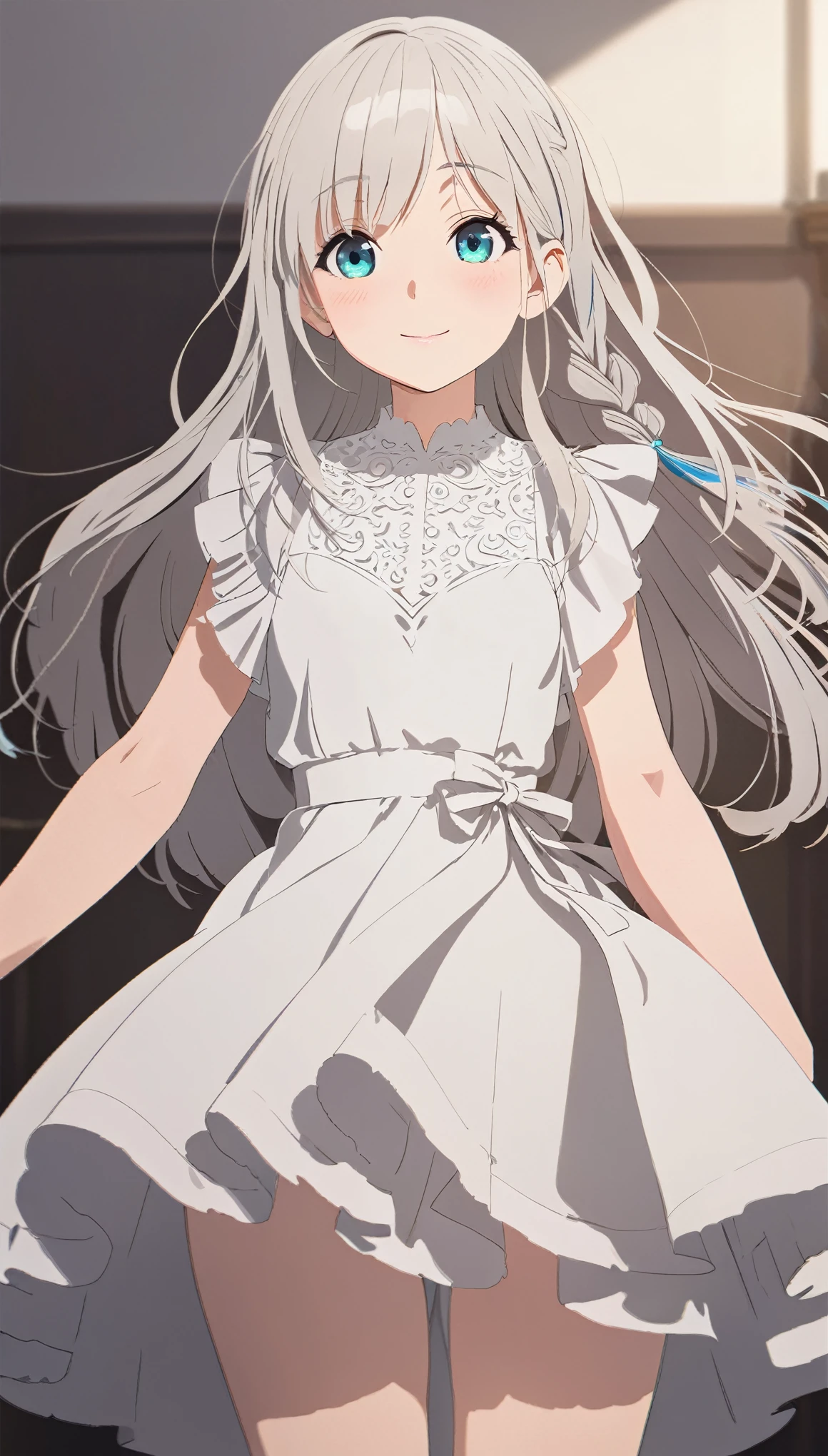 a beautiful young girl with cyan eyes, light grey hair, braid, long hair, expressive eyes, wearing a dress, smiling with a slight blush, with a simple background, detailed face and body, highly detailed, photorealistic, 8k, masterpiece, cowboy shot