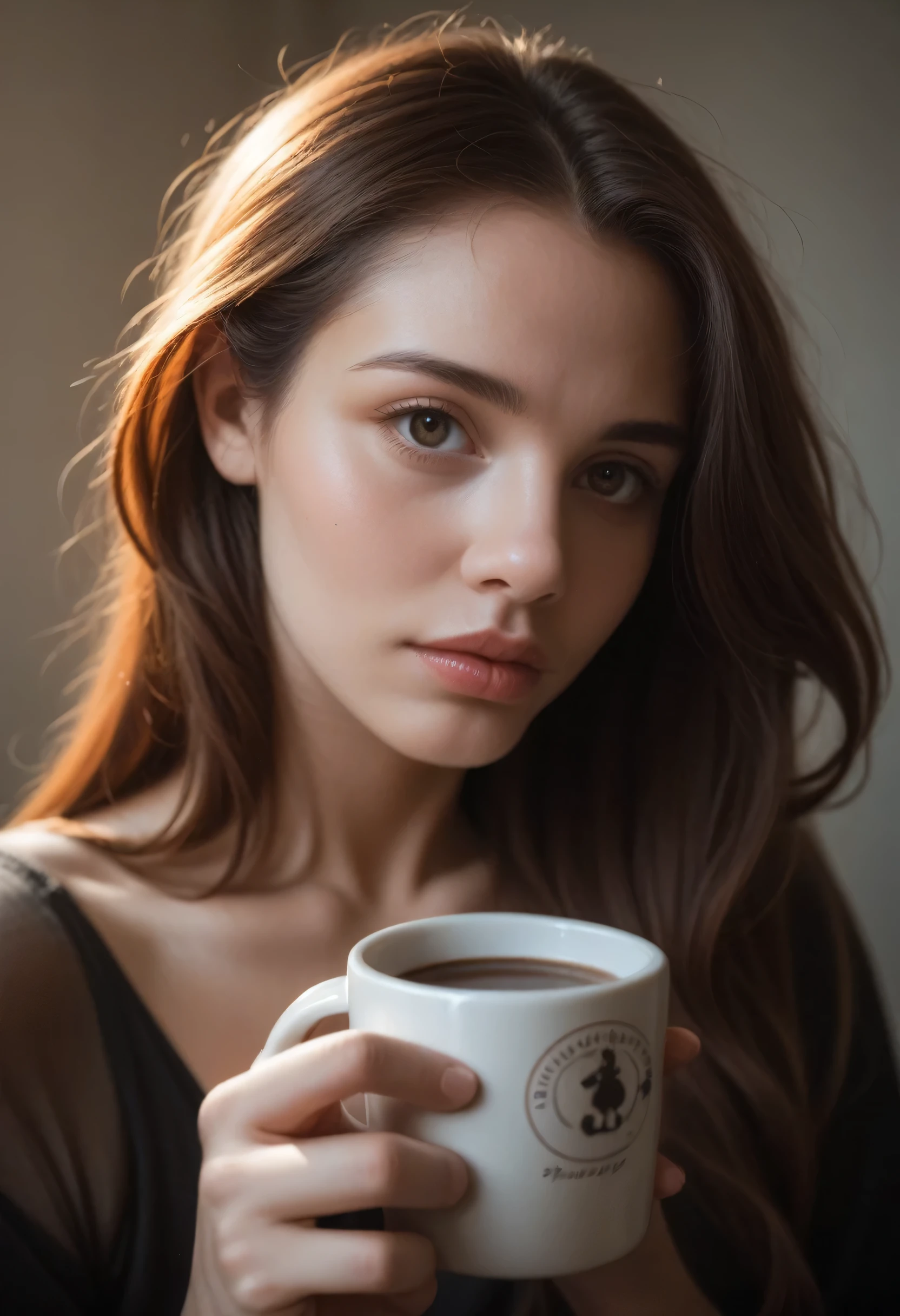 A woman holding a cup of coffee,detailed face,beautiful eyes,beautiful lips,realistic,photorealistic,ultra-detailed,8k,masterpiece,dramatic lighting,warm tones,hyper-realistic skin,cinematic composition,shallow depth of field,moody atmosphere,intricate details,oil painting style