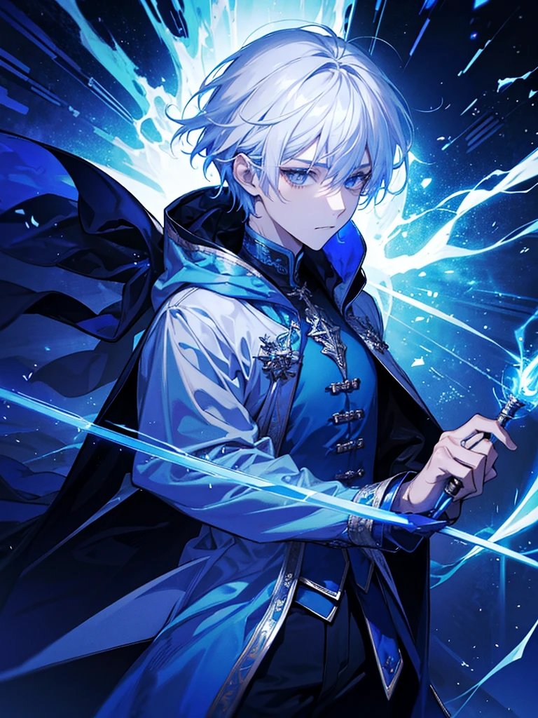 Wizard youngl man, he has a silver hair and blue eyes, he wear a hood and wear gloves , He held a rapier with lightning sparks surrounding it.