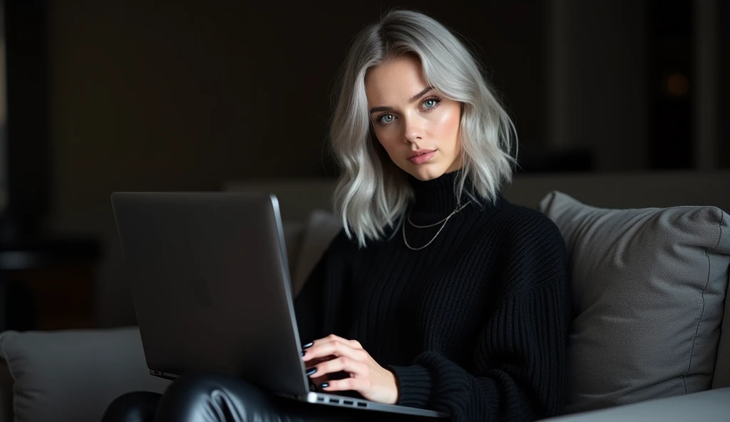Beautiful white-skinned girl, Medium light grey hair, with bright sparkling eyes, Shiny skin, Beautiful black manicure, Beautiful nails, pearl skin, Holding a laptop in his hands, in a black knitted voluminous sweater and black leather pants, Beautiful detailed fingers, professional photo, 4K, a high resolution, high detail, aesthetically pleasing, Beautiful, realistic, looking straight ahead, beautiful long nails, sitting on a sofa against the backdrop of a dark living room.