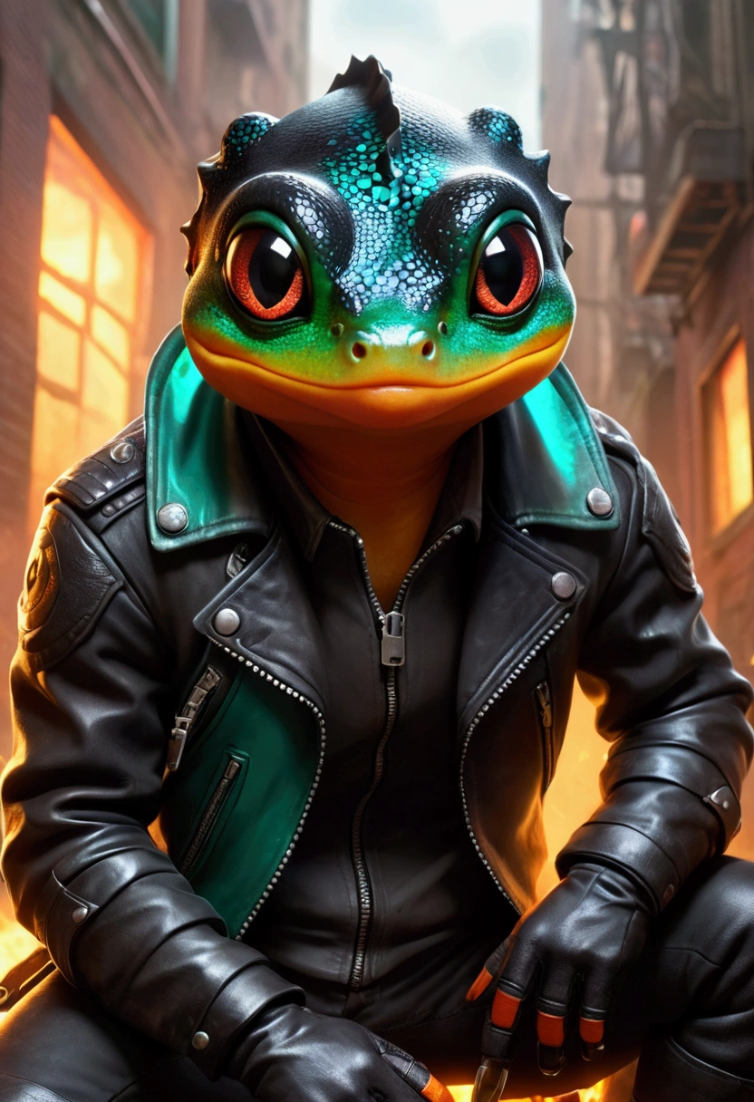 Closeup, an extremely badass anthropomorphic black fire belly newt wearing an insanely cool black leather biker jacket open, black leather biker gloves, artfully poised in the midst of all-encompassing chaos, brilliant emerald eyes vibrant with resolve, fingertips radiating with electricity, aligning arcing currents in preparation of a thunderous cast of One For All, epic scene captured with dynamic perspectives, battle-torn environment, crumbling structures, smoky backdrop, harsh urban lighting, comic book style, action-packed, ultra clear, eSports-ready