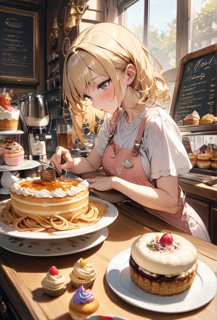 masterpiece, very detailed, 1 girl, Blonde hair, pastel shades, cozy atmosphere, dessert display, Pasta, cupCakes, Pies, Cakes, coffee machine, menu on chalkboard, daylight, glass jars with candies, frosted window panes, decorative plates, Fancy décor, Sugar sculptures