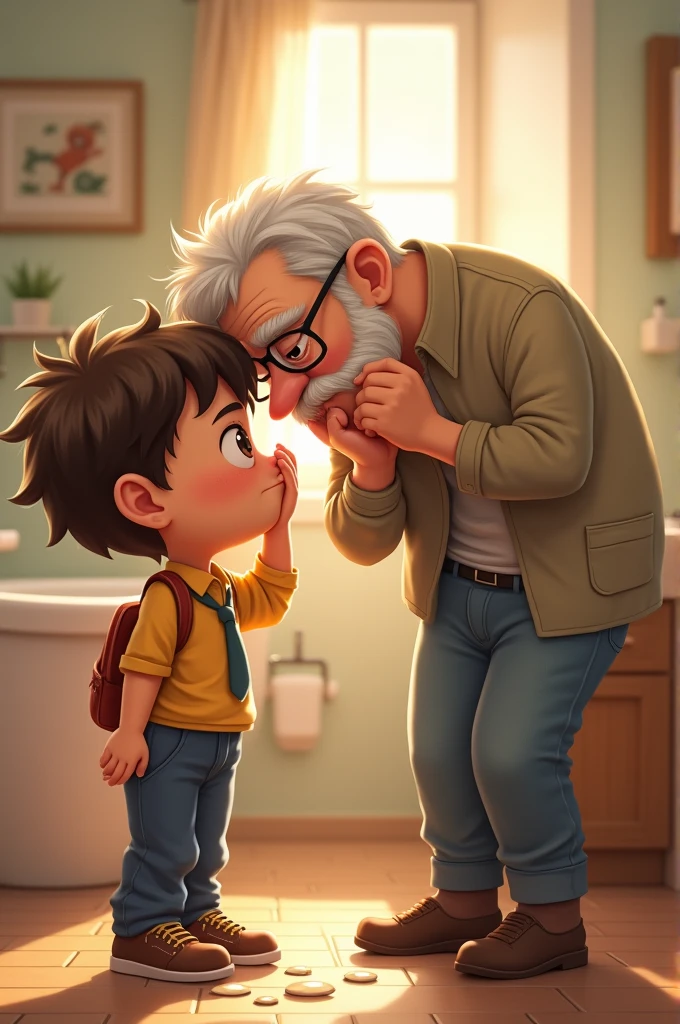a picture in which a 5 years old boy and his grandfather in bathroom holding their nose because the boy have done potty in his school derss