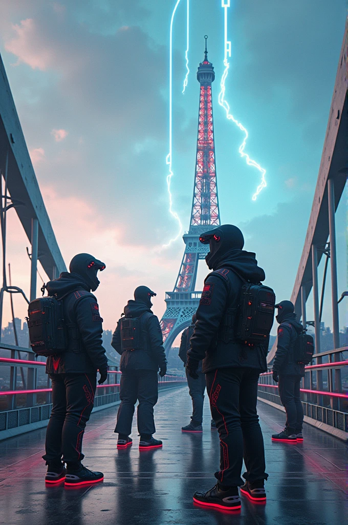 Techno gamers stand in Paris famous bridge at illusion