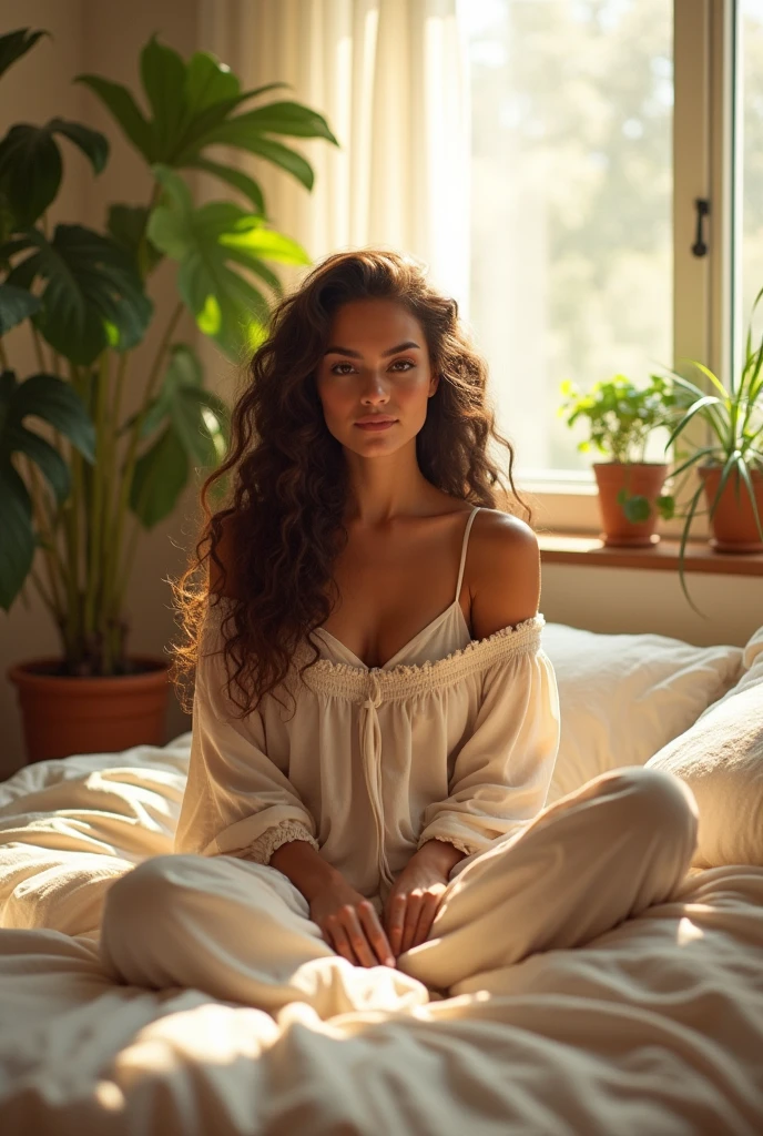 (photorealism:1.2), beautiful woman, sitting on bed, wearing loose off-shoulder top, pajama pants, long curly hair, indoors, soft lighting, plants in background, window with sunlight, cozy room, relaxed pose, realistic, intricate details, warm colors, by Greg Rutkowski, by Alphonse Mucha