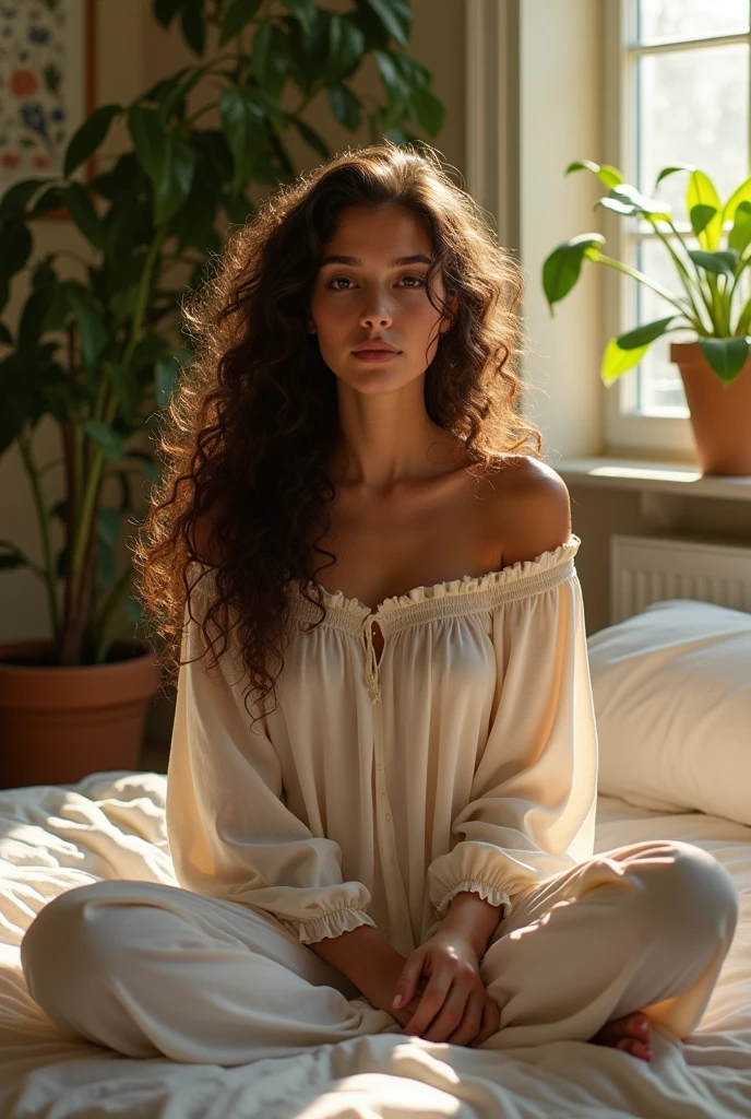 (photorealism:1.2), beautiful woman, sitting on bed, wearing loose off-shoulder top, pajama pants, long curly hair, indoors, soft lighting, plants in background, window with sunlight, cozy room, relaxed pose, realistic, intricate details, warm colors, by Greg Rutkowski, by Alphonse Mucha