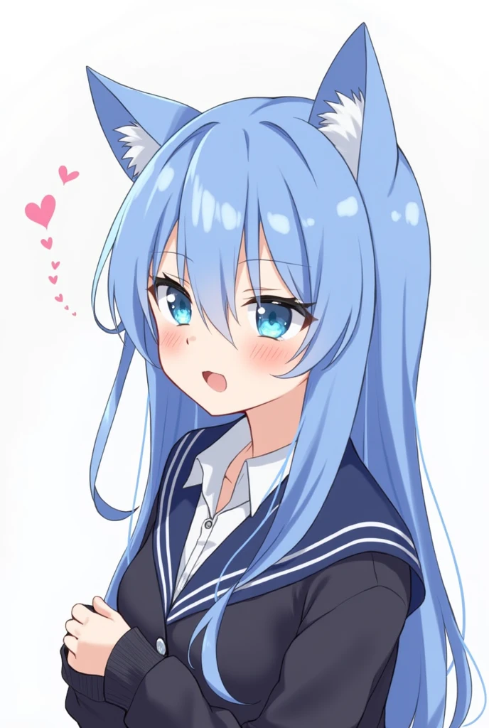  One girl, Animal ears, blue eyes, Long Hair, Blue Hair, Long sleeve, bangs, Cat ear, Upper Body, Focus Only, hair ornaments, Sleeves are longer than the wrist, blush, White Background, collared shirt, Simple Background, shirt, View your viewers, Jacket, black Jacket, One side up, Hair between the eyes, Slope, ;3, Slope background, Blue background,In heat,Ecstatic expression,beautiful girl, Close your mouth, Heart symbol on background