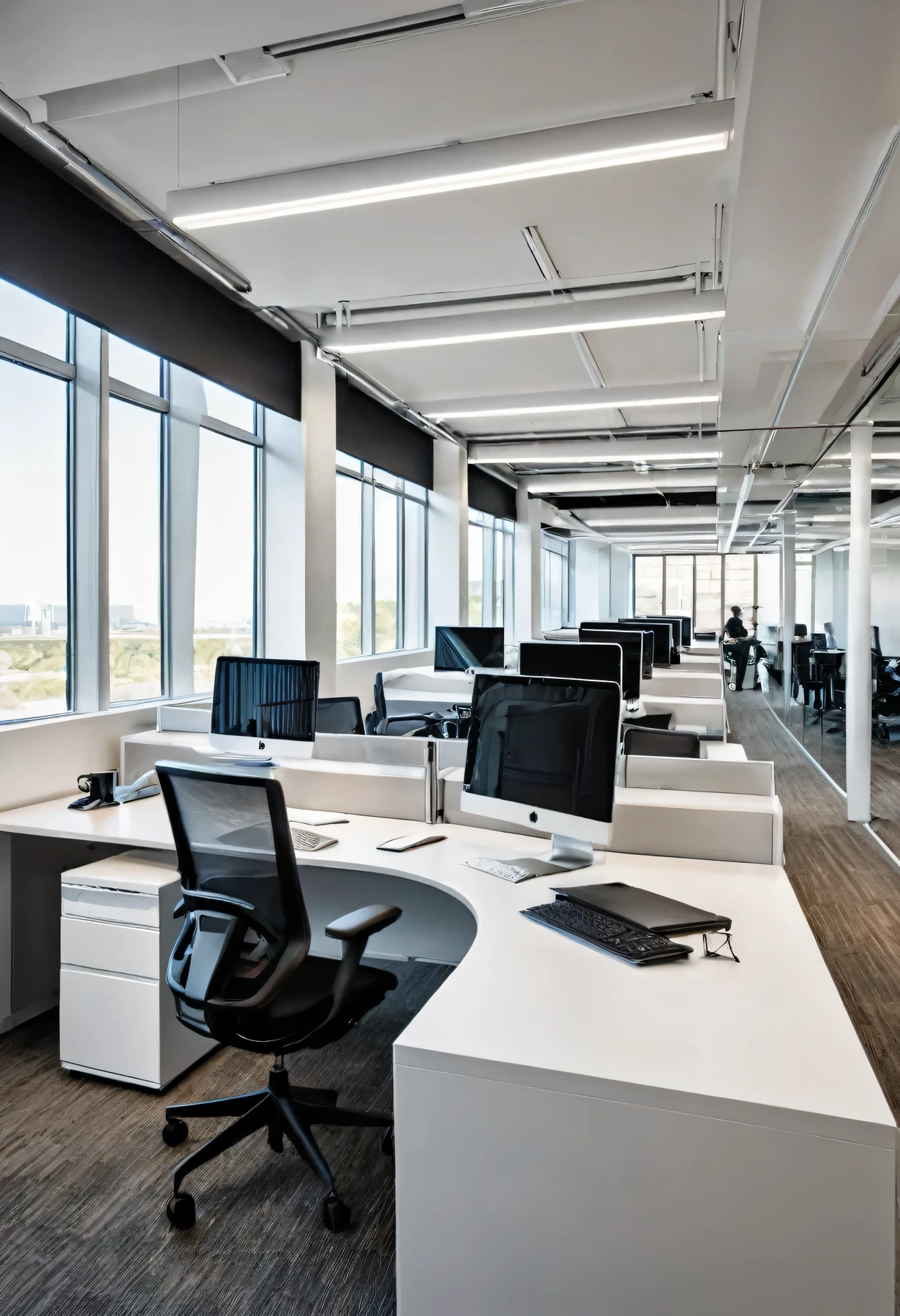 A modern, bustling work office with sleek desks, ergonomic chairs, and state-of-the-art technology.