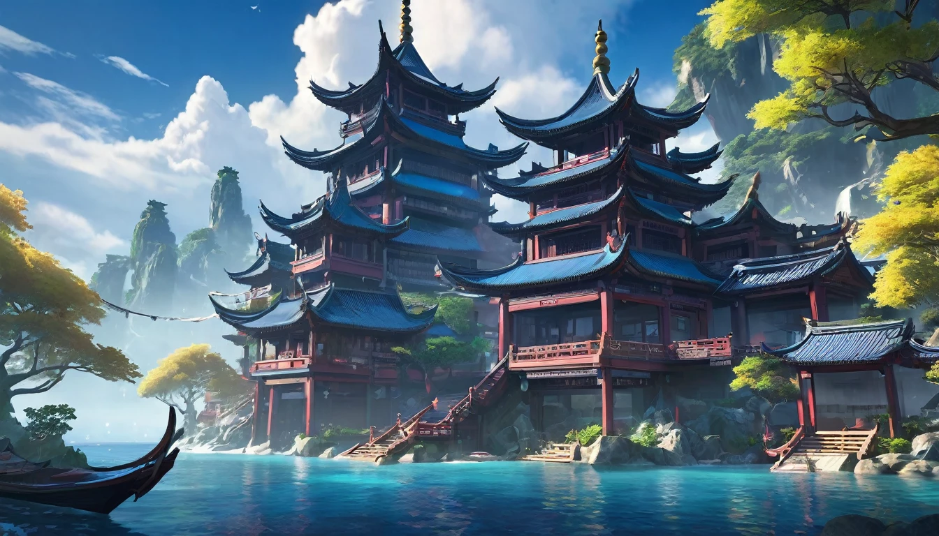 There is a Chinese-style building in the middle of a small island, Game concept art, Final Fantasy Vll World Concept, 2. 5D CGI anime fantasy artwork, Concept World Art, Beautiful concept art, dota matte concept art, Concept Art Wallpaper 4K, conceptartworld, Matte Mystery Dota Pixar, Fantasy concept art, League of Legends concept art ,Ultra-high resolution (Fidelity: 1.4), Ultra-high quality, Extremely detailed CG unity 8k wallpaper, aesthetics, Award-winning photography, True high detail, Detail improvements, Remove blur, complex, The art of travel. Visually stunning. Beautiful city pixels, Blue Hour Photography, Spectacular clouds, Fantasy Clouds.