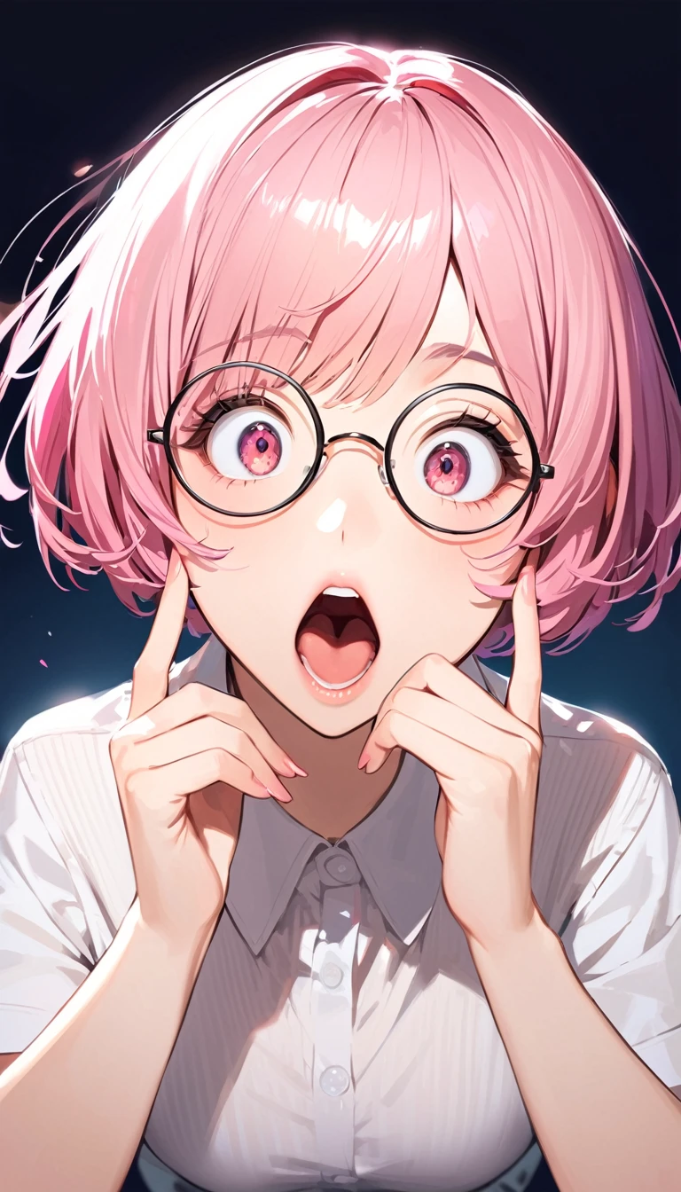 Beautiful woman, Pink Hair, Short Bob,Round Glasses, She is opening his mouth wide, look very surprised.