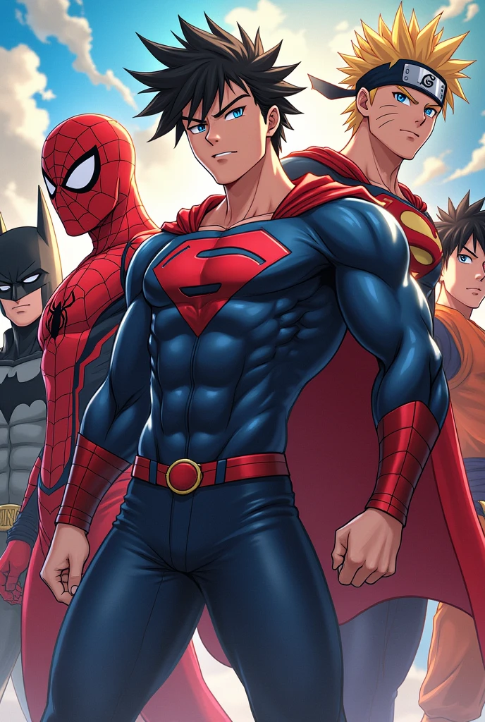 CREATE AN ANIME STYLE AVATAR IMAGE, WITH SPIDERMAN, BATMAN IRON MAN, Superman, Goku and Naruto. AND IN THE CENTER OF THE IMAGE ADD A FAN WITH ACCESSORIES OF THESE CHARACTERS