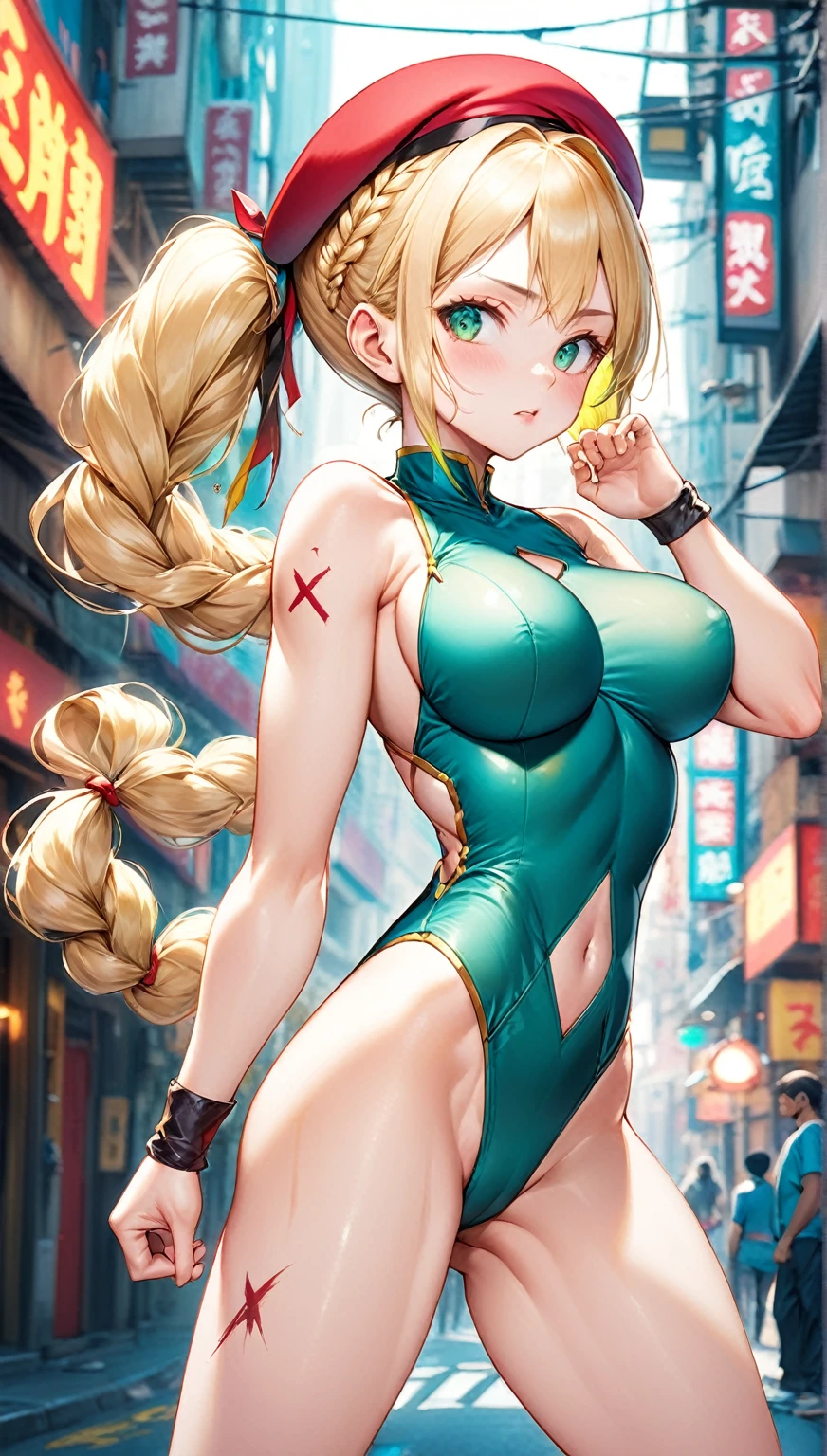 (Highest quality,8k,32K,masterpiece,Ultra-high resolution :1.2 ),born,One girl,Super cute,Natural light,Clear, shining eyes,20-year-old,Fair skin,Fantastic electronic world fantasy background,Golden Hair,Large Breasts,Red Beret,long braided twin tails,Street Fighter,Cammy,Scar on cheek,Green leotard,Kick,