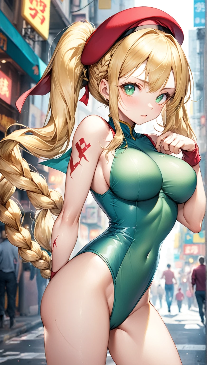 (Highest quality,8k,32K,masterpiece,Ultra-high resolution :1.2 ),born,One girl,Super cute,Natural light,Clear, shining eyes,20-year-old,Fair skin,Fantastic electronic world fantasy background,Golden Hair,Large Breasts,Red Beret,long braided twin tails,Street Fighter,Cammy,Scar on cheek,Green leotard,Kick,