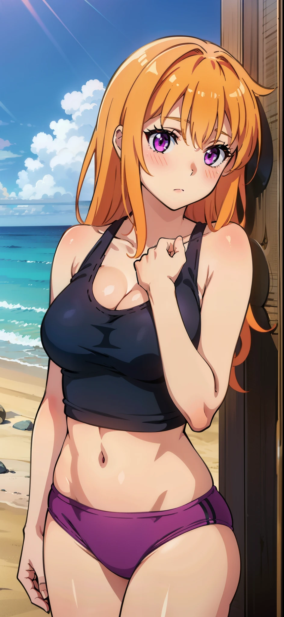 1 girl, 20-year-old, medium breasts, sleeveless, blushed, long hair,  orange hair, purple eyes, standing, cowboy_shot, cropped tank top, panties, beach 