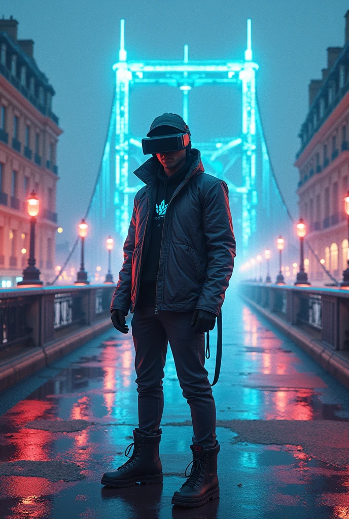 Techno gamer stand in Paris famous bridge at illusion