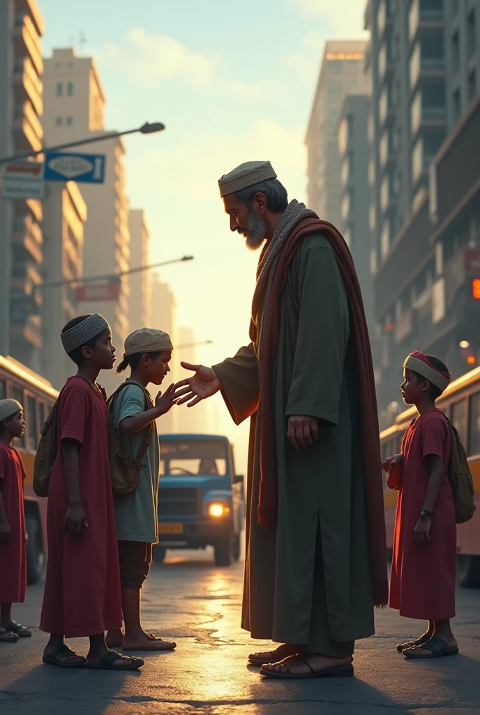 Man give almajiri kids survive on street with traffic background