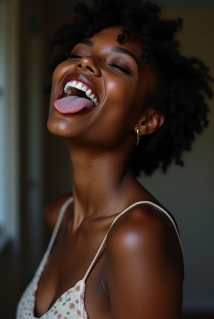 (photorealism:1.2), beautiful young black woman, freshly 18, outside sucking black cock, ahegao with mouth open and tongue out, cum in mouth