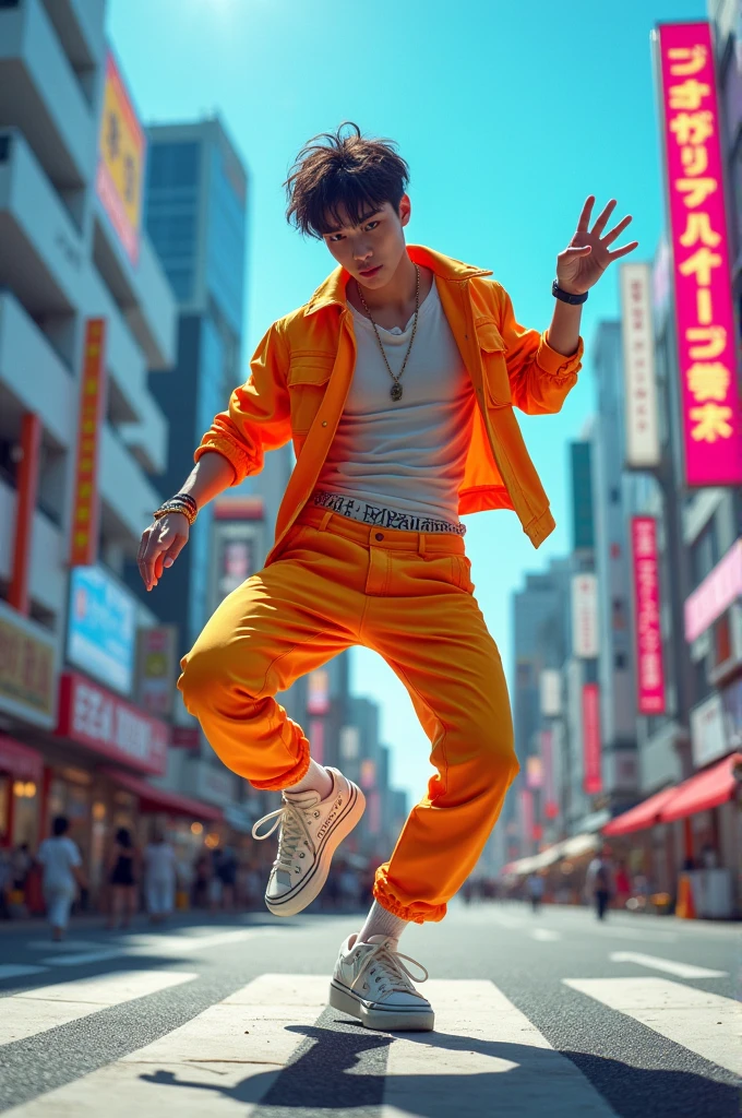 Japanese 19 year old male idol A street in Shibuya, Tokyo Dancing to dance music The look is summer fashion