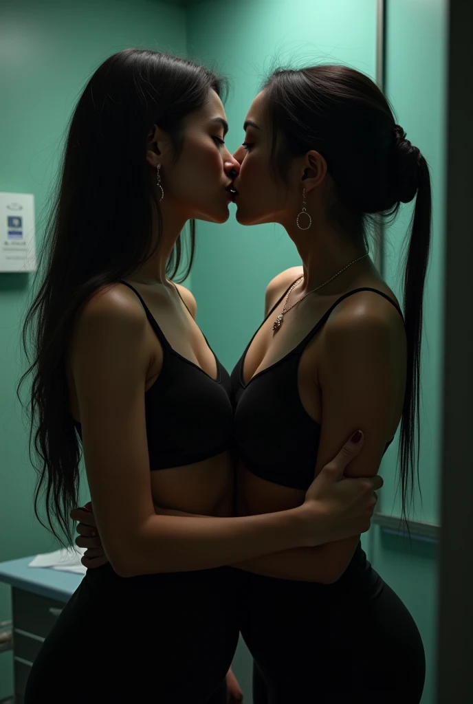 ((2woman)), ((36 years Old)), ((Sugar Mama)), ((Sensual Lips)), (White Skin), ((beautiful Indonesian woman)), 1woman wearing Hijab, (Massive Gigantic Colossal : 1.2), ((Captivating Smile)), ((Yukata)), ((Sport Bra)), curvy body, (Breast about To burst out from her clothes), at doctor office, Dark light, at Nighttime, Sharing Passionate Lustful Kiss and groping breast, Lesbian couple.