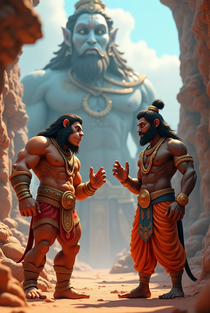 In cinematic 3D cartoon styles " is positioned beside Rama, pointing towards Ravana's navel