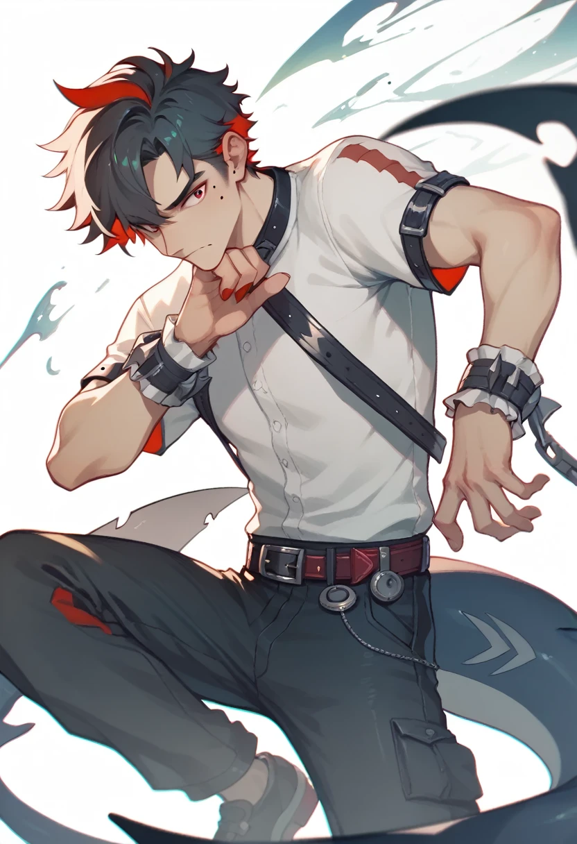 1 Boy,wrist_cuff,fluffy_short_sleeve,mole_under_Eye,Black_Pants,Black and Red的_shirt,shark_Tail,Black and Red_hair,Hand tied_belt